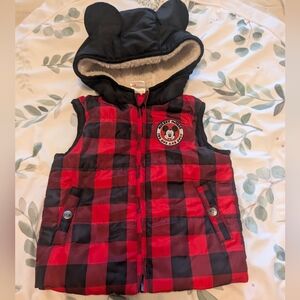 Disney Mickey Mouse Toddler Red and Black Checkered Vest Ears Sherpa Hood 3t